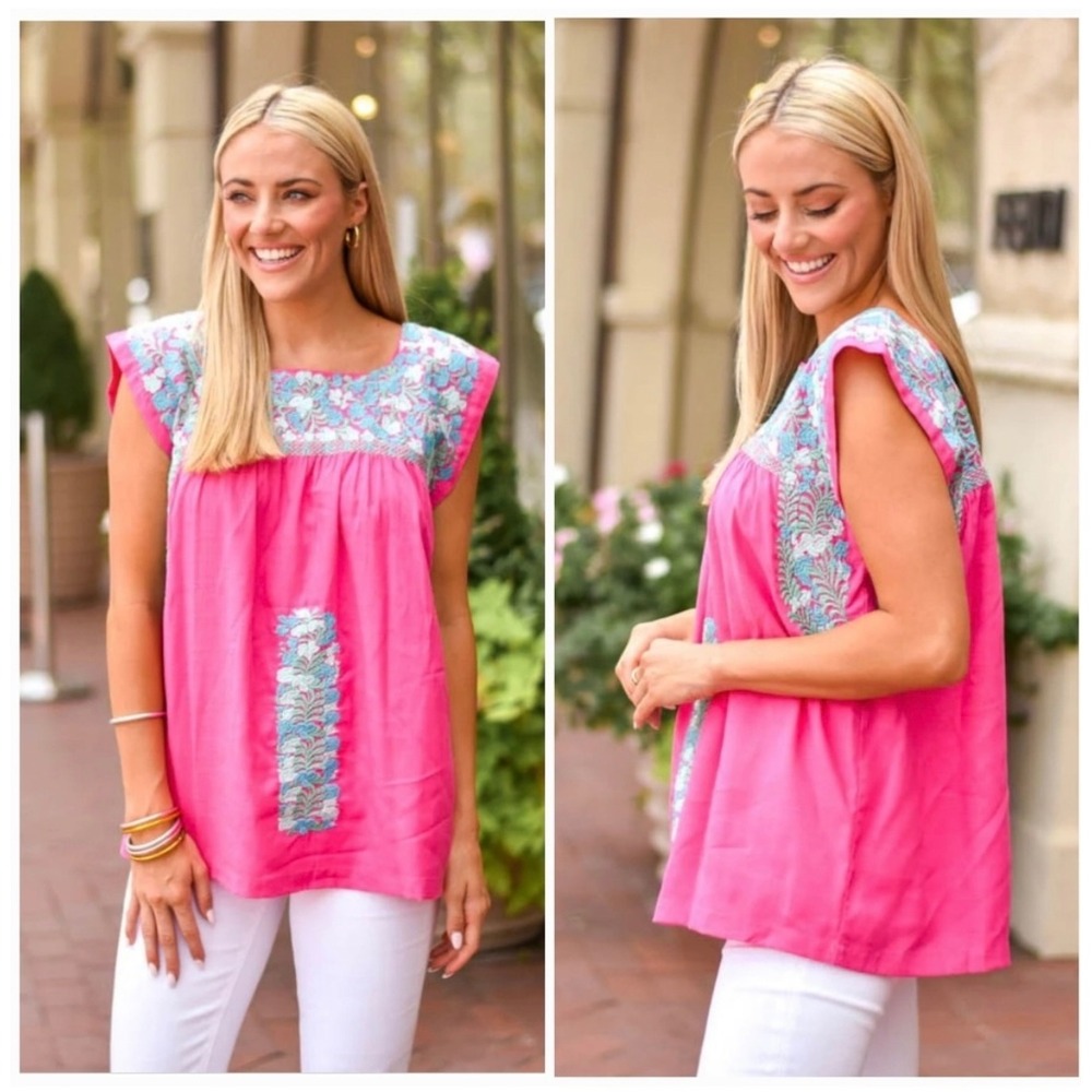 J. Marie Pink Embroidered Floral Sleeveless Top Womens‎ Medium Boho Mexican